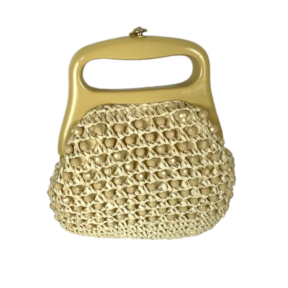Vintage Italian Woven Bead Bag Purse Clamshell Handle Ivory Cream